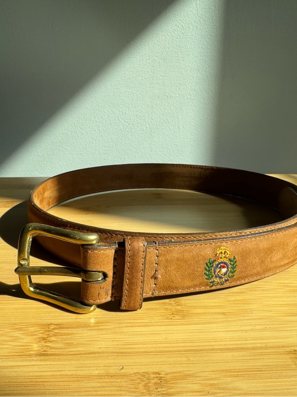 Polo Ralph Lauren Men's Brown Suede Leather Crest Logo Belt Brass Buckle Size 32